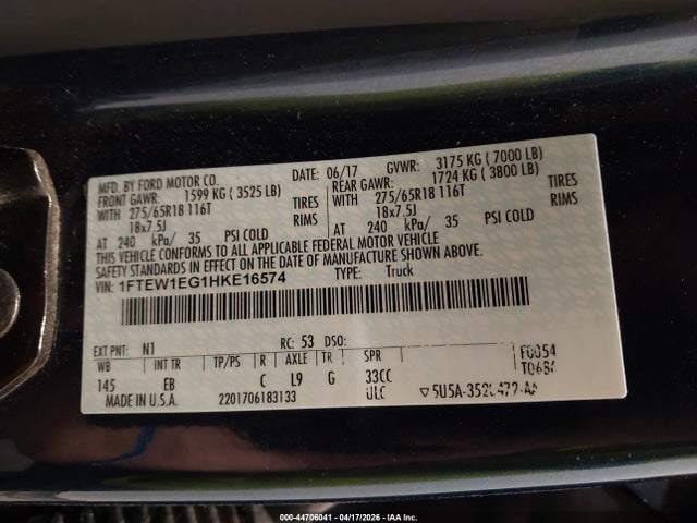 1FTEW1EG1HKE16574 Ford F-150 Lariat