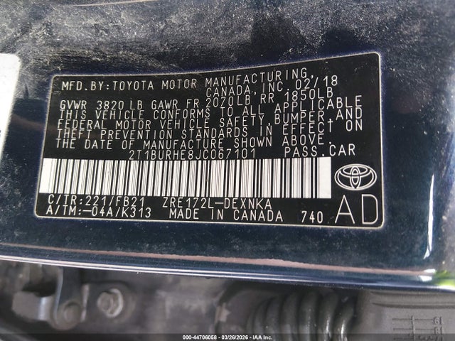 2018 Toyota Corolla Le მანქანა იყიდება აუქციონზე, vin: 2T1BURHE8JC067101, აუქციონის ნომერი: 44706058