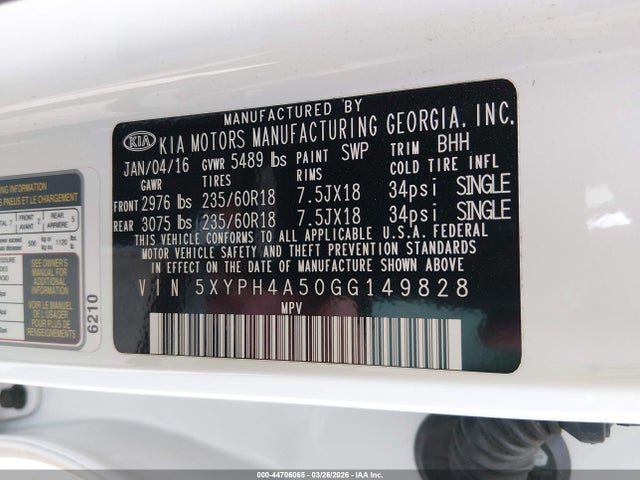 2016 Kia Sorento 3.3l Ex მანქანა იყიდება აუქციონზე, vin: 5XYPH4A50GG149828, აუქციონის ნომერი: 44706065