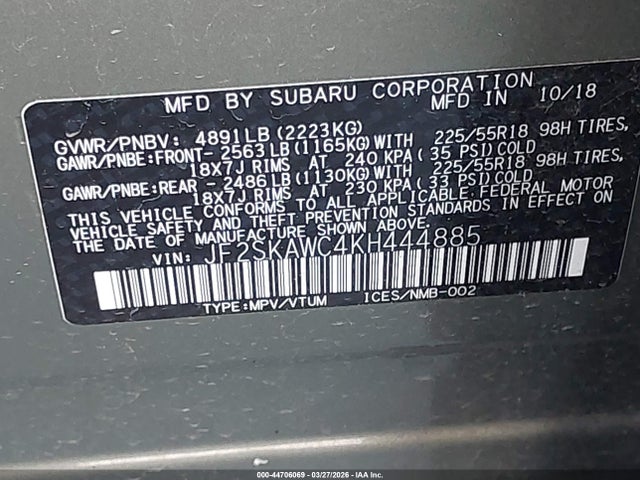 JF2SKAWC4KH444885 Subaru Forester Touring