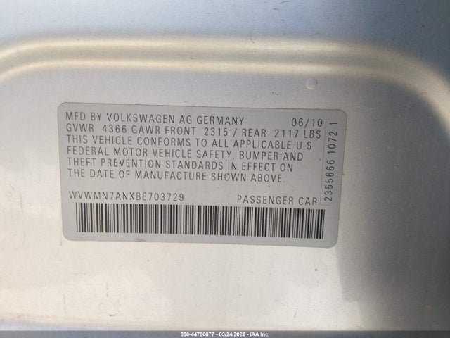 2011 Volkswagen Cc Sport მანქანა იყიდება აუქციონზე, vin: WVWMN7ANXBE703729, აუქციონის ნომერი: 44706077