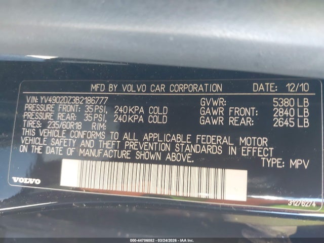 2011 VOLVO XC60 YV4902DZ3B2186777 Photo 8