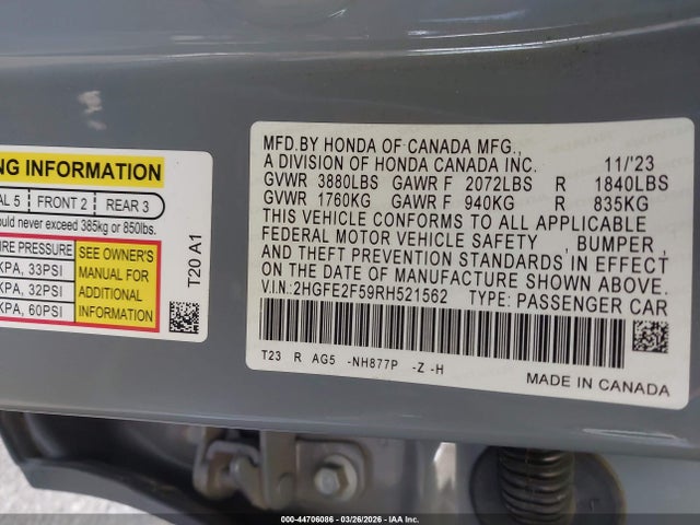 2HGFE2F59RH521562 Honda Civic Sport