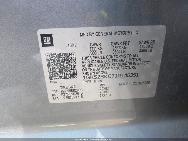 44706087 :رقم المزاد ، 1GKS2BKC7JR145351 vin ، 2018 Gmc Yukon Slt مزاد بيع