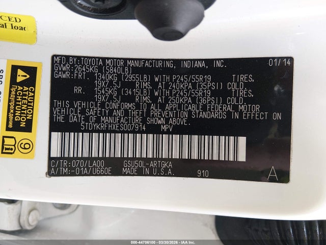 Toyota Highlander Limited V6 2014 5TDYKRFHXES007914 Image 9