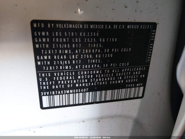 44706101 :رقم المزاد ، 3VV1B7AX3MM085407 vin ، 2021 Volkswagen Tiguan 2.0t S مزاد بيع