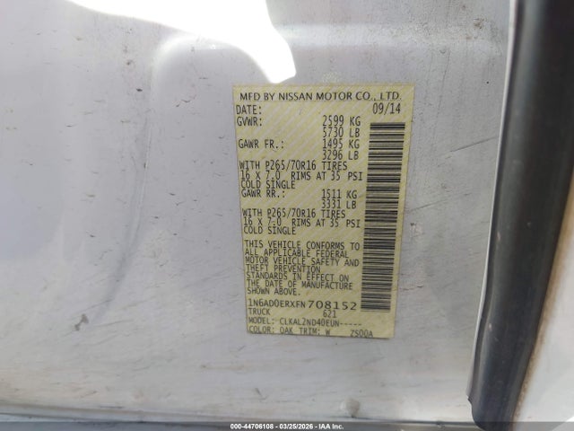 Продаж на аукціоні авто 2015 Nissan Frontier Desert Runner/s/sl/sv, vin: 1N6AD0ERXFN708152, номер лоту: 44706108