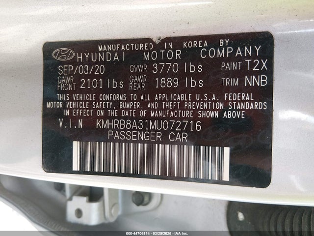 2021 Hyundai Venue Se მანქანა იყიდება აუქციონზე, vin: KMHRB8A31MU072716, აუქციონის ნომერი: 44706114