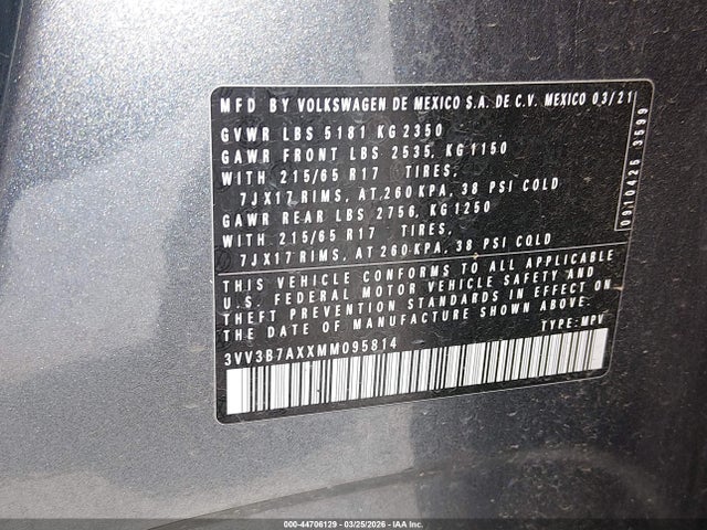 Aukcja sprzedaży 2021 Volkswagen Tiguan 2.0t Se/2.0t Se R-line Black/2.0t Sel, vin: 3VV3B7AXXMM095814, numer aukcji: 44706129