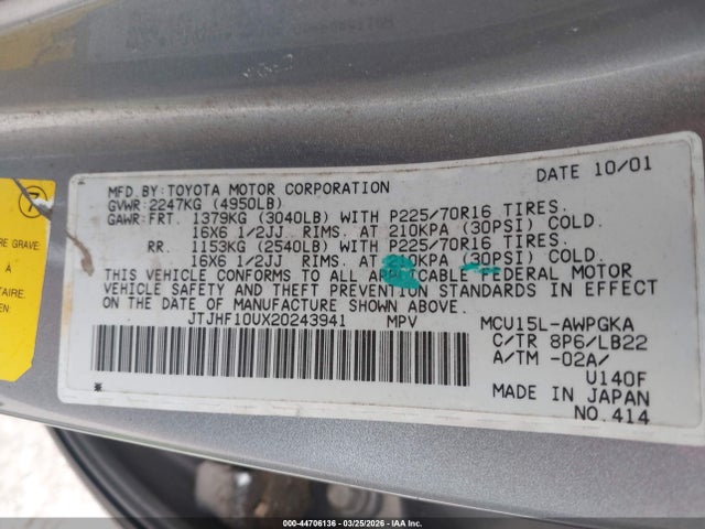 44706136 :رقم المزاد ، JTJHF10UX20243941 vin ، 2002 Lexus Rx 300 مزاد بيع
