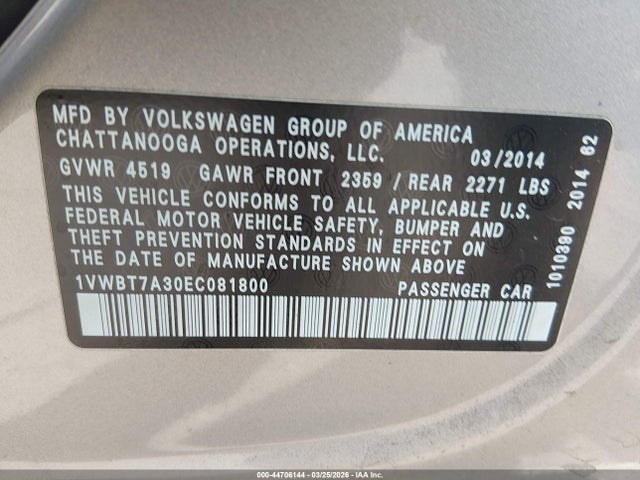 2014 Volkswagen Passat 1.8t Se მანქანა იყიდება აუქციონზე, vin: 1VWBT7A30EC081800, აუქციონის ნომერი: 44706144