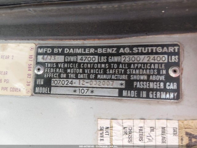 44706148 :رقم المزاد ، 107102412002007 vin ، 1973 Mercedes-benz 250 Se Coupe مزاد بيع
