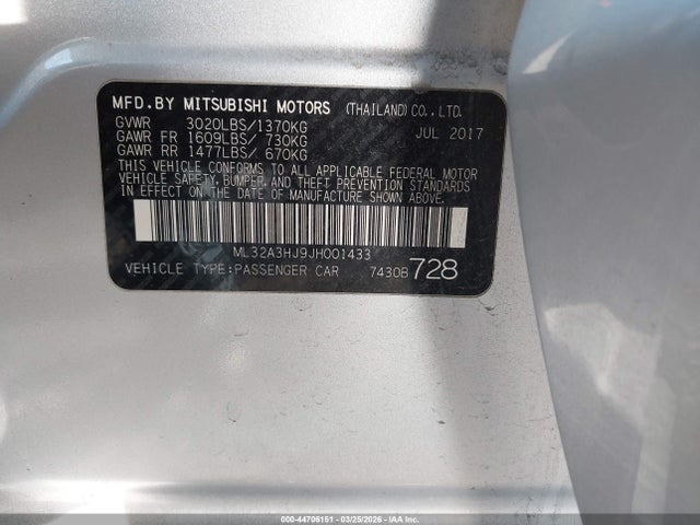 Продаж на аукціоні авто 2018 Mitsubishi Mirage Es, vin: ML32A3HJ9JH001433, номер лоту: 44706151