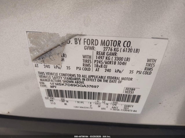 1FM5K7D89GGA37697 Ford EXPLORER XLT