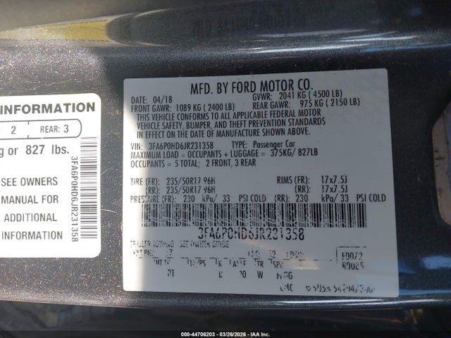 Aukcja sprzedaży 2018 Ford Fusion Se, vin: 3FA6P0HD6JR231358, numer aukcji: 44706203