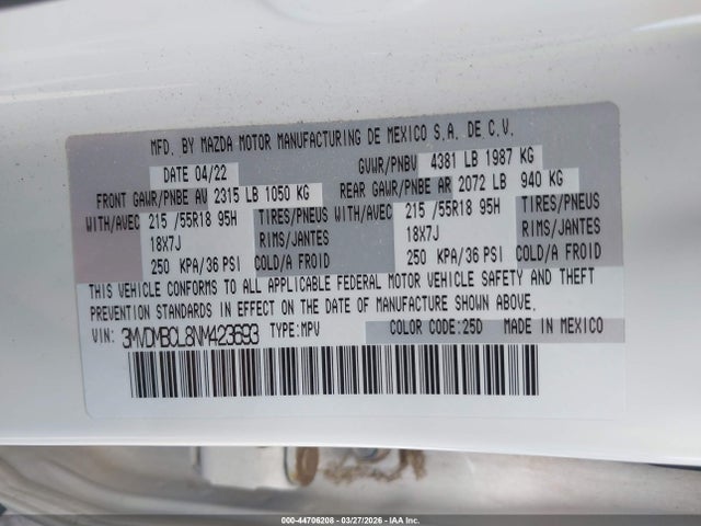 Продажа на аукционе авто 2022 Mazda Cx-30 Preferred, vin: 3MVDMBCL8NM423693, номер лота: 44706208