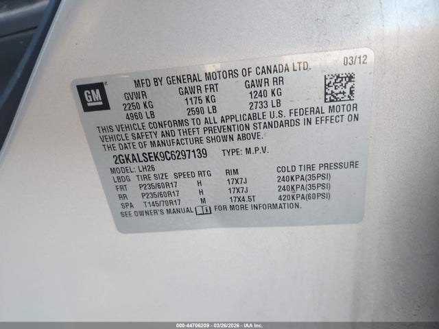Aukcja sprzedaży 2012 Gmc Terrain Sle-2, vin: 2GKALSEK9C6297139, numer aukcji: 44706209