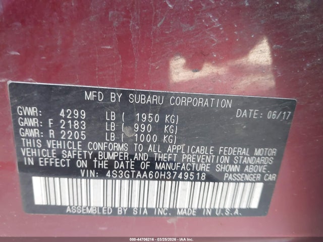 4S3GTAA60H3749518 Subaru Impreza 2.0i