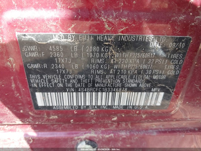 44706218 :رقم المزاد ، 4S4BRCFC1B3346878 vin ، 2011 Subaru Outback 2.5i Premium مزاد بيع