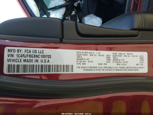 Aukcja sprzedaży 2022 Jeep Grand Cherokee Wk Limited 4x4, vin: 1C4RJFBG8NC109703, numer aukcji: 44706221