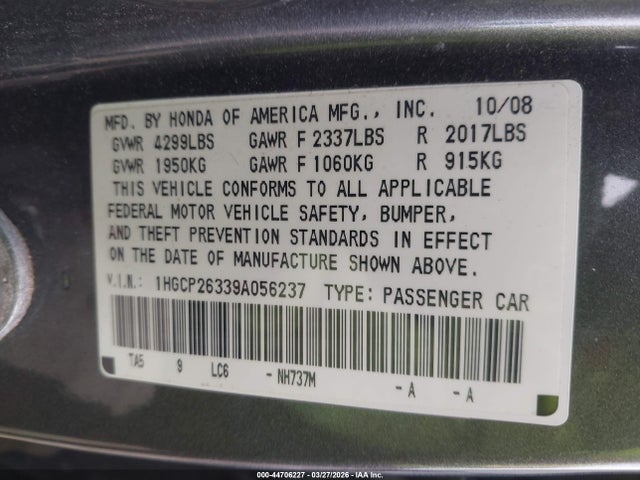 Aukcja sprzedaży 2009 Honda Accord 2.4 Lx, vin: 1HGCP26339A056237, numer aukcji: 44706227