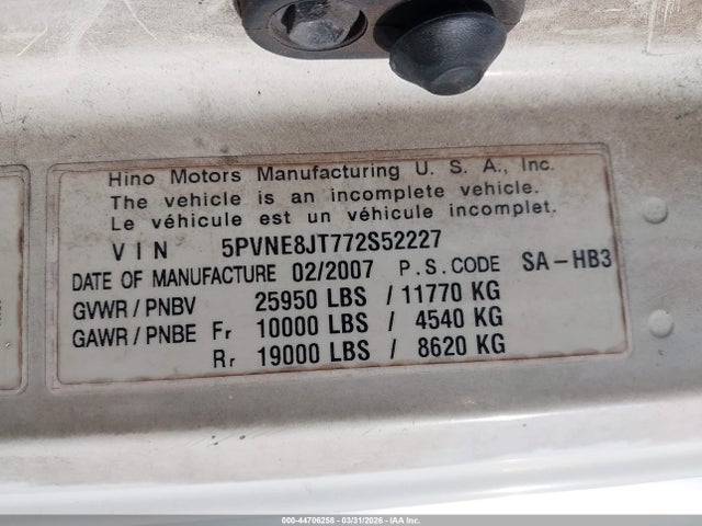 44706258 :رقم المزاد ، 5PVNE8JT772S52227 vin ، 2007 Hino Hino 268 مزاد بيع