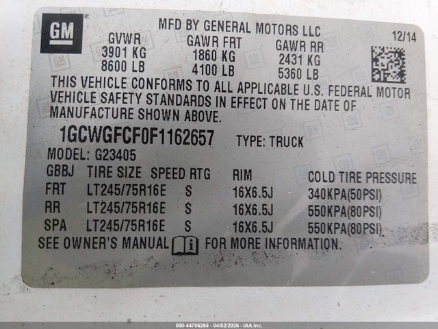 Продаж на аукціоні авто 2015 Chevrolet Express 2500 Work Van, vin: 1GCWGFCF0F1162657, номер лоту: 44706265