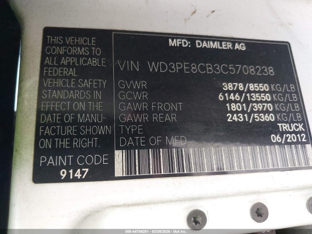 Продаж на аукціоні авто 2012 Mercedes-benz Sprinter 2500 High Roof, vin: WD3PE8CB3C5708238, номер лоту: 44706281