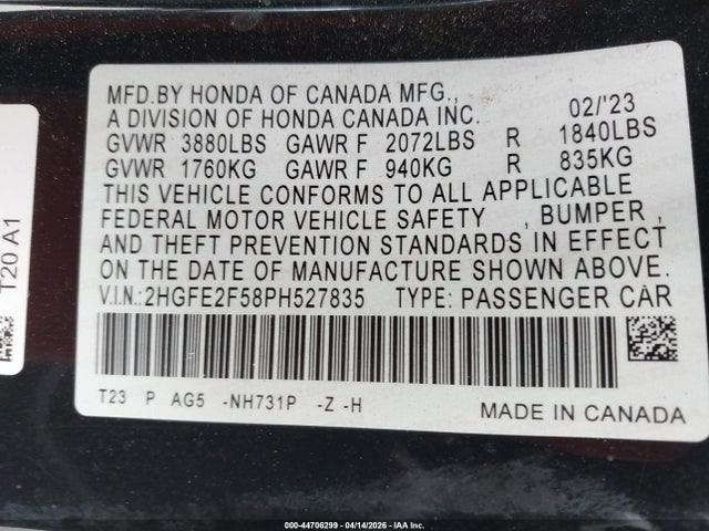 2023 Honda Civic Sport მანქანა იყიდება აუქციონზე, vin: 2HGFE2F58PH527835, აუქციონის ნომერი: 44706299