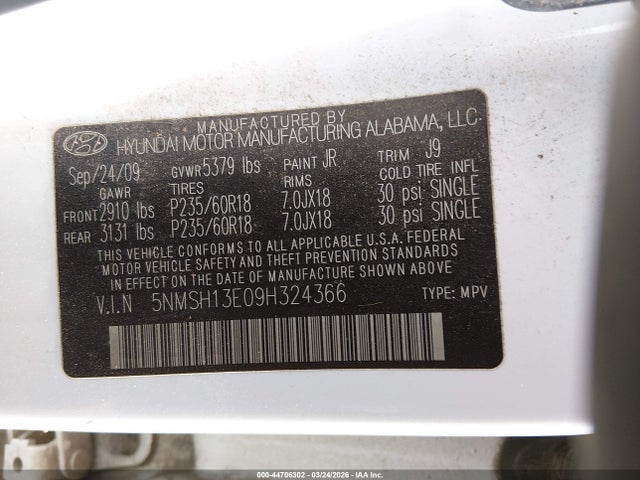 44706302 :رقم المزاد ، 5NMSH13E09H324366 vin ، 2009 Hyundai Santa Fe Limited مزاد بيع