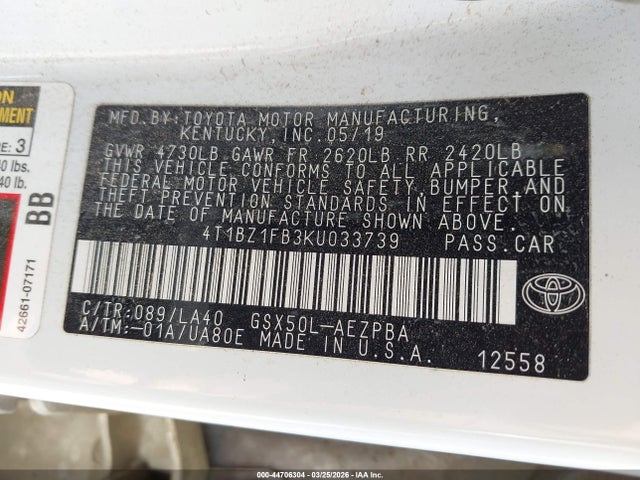 Aukcja sprzedaży 2019 Toyota Avalon Limited, vin: 4T1BZ1FB3KU033739, numer aukcji: 44706304