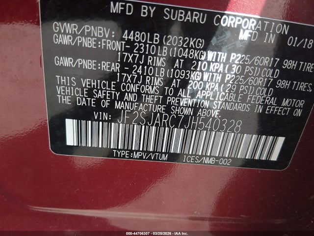 44706307 :رقم المزاد ، JF2SJARC7JH540328 vin ، 2018 Subaru Forester 2.5i Limited مزاد بيع