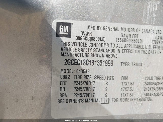 44706321 :رقم المزاد ، 2GCEC13C181331999 vin ، 2008 Chevrolet Silverado 1500 Ls مزاد بيع