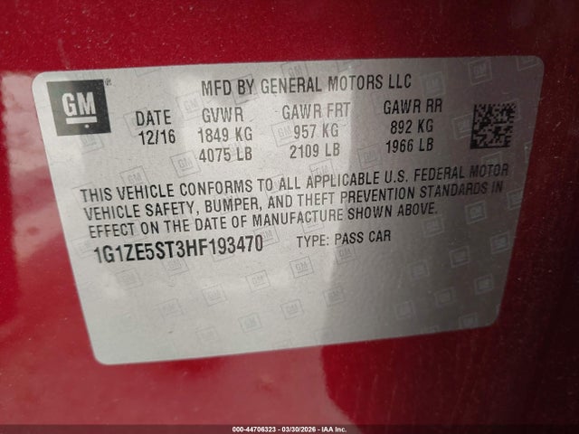 1G1ZE5ST3HF193470 Chevrolet MALIBU 1LT