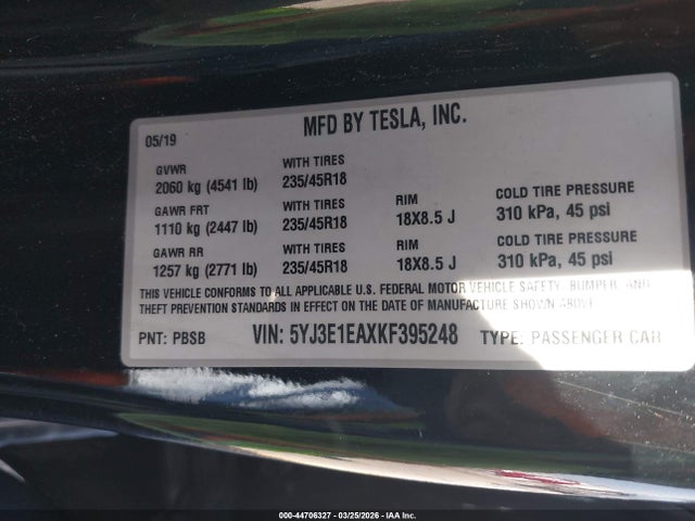 2019 TESLA MODEL 3 5YJ3E1EAXKF395248 Photo 8