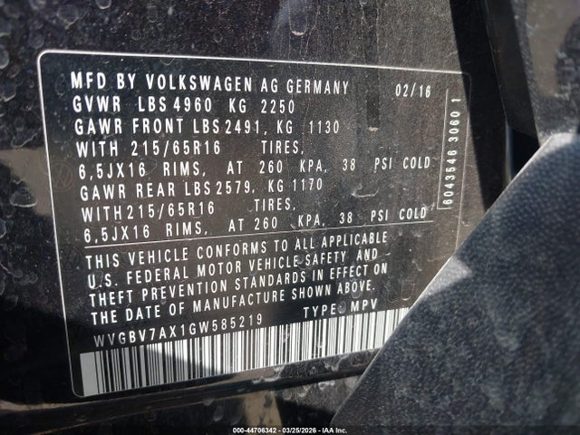 Продаж на аукціоні авто 2016 Volkswagen Tiguan S, vin: WVGBV7AX1GW585219, номер лоту: 44706342