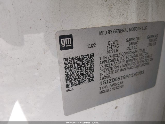 Aukcja sprzedaży 2023 Chevrolet Malibu Fwd 1lt, vin: 1G1ZD5ST9PF136093, numer aukcji: 44706345