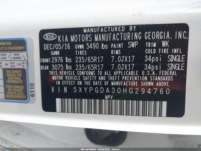 5XYPGDA30HG294760 KIA Sorento 2.4l Lx