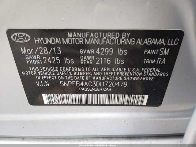 Aukcja sprzedaży 2013 Hyundai Sonata Gls, vin: 5NPEB4AC3DH720479, numer aukcji: 44706356