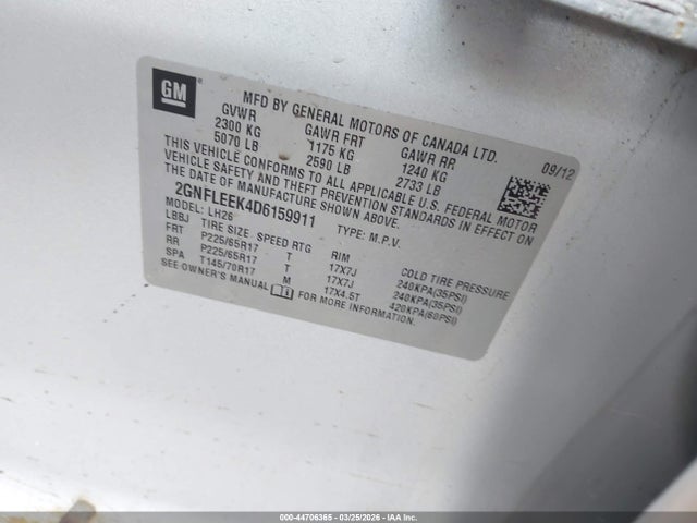 44706365 :رقم المزاد ، 2GNFLEEK4D6159911 vin ، 2013 Chevrolet Equinox 1lt مزاد بيع