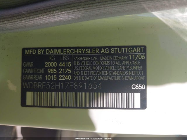 44706376 :رقم المزاد ، WDBRF52H17F891654 vin ، 2007 Mercedes-benz C 230 Sport مزاد بيع