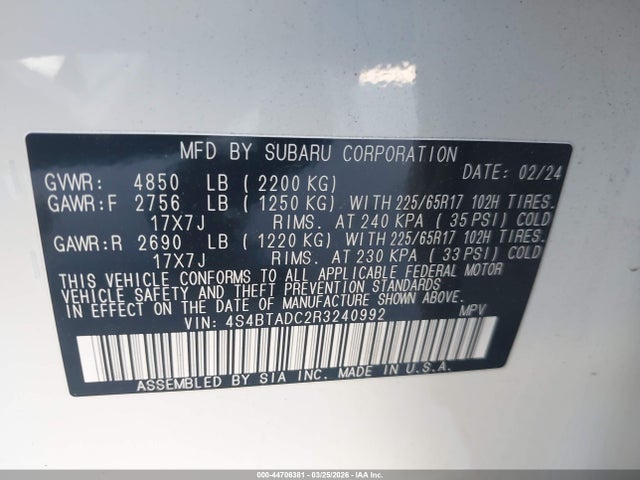 44706381 :رقم المزاد ، 4S4BTADC2R3240992 vin ، 2024 Subaru Outback Premium مزاد بيع