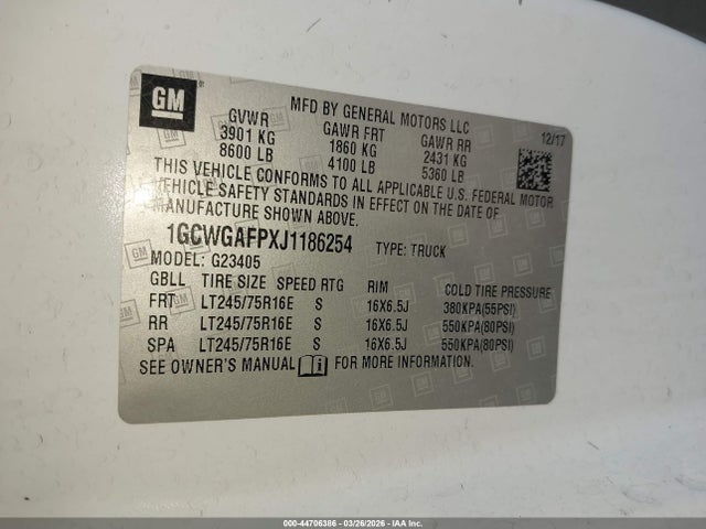 1GCWGAFPXJ1186254 Chevrolet Express 2500 Work Van