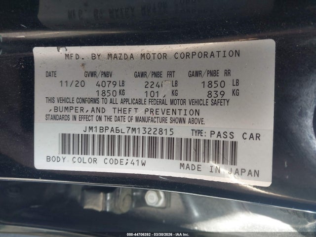 2021 Mazda Mazda3 Select მანქანა იყიდება აუქციონზე, vin: JM1BPABL7M1322815, აუქციონის ნომერი: 44706392
