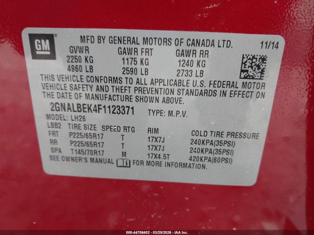 Chevrolet EQUINOX 1LT 2015 2GNALBEK4F1123371 Image 9