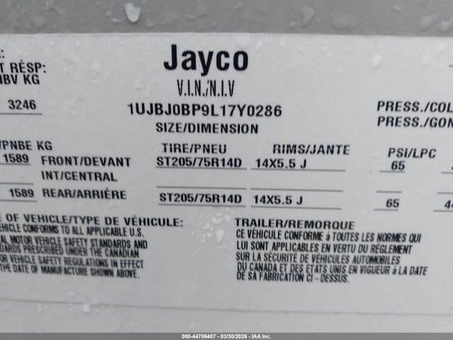 2020 Jayco Jayflight 265rls მანქანა იყიდება აუქციონზე, vin: 1UJBJ0BP9L17Y0286, აუქციონის ნომერი: 44706407