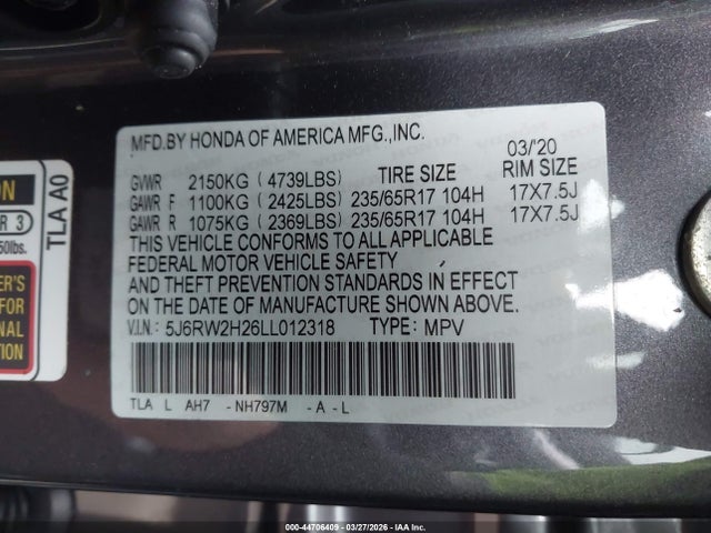 Aukcja sprzedaży 2020 Honda Cr-v Awd Lx, vin: 5J6RW2H26LL012318, numer aukcji: 44706409