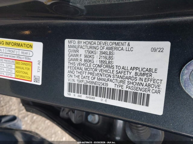 19XFL2H58NE023439 Honda Civic Lx