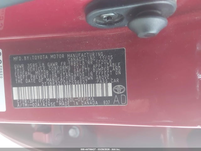 44706427 :رقم المزاد ، 2T1BR32E06C596637 vin ، 2006 Toyota Corolla S مزاد بيع