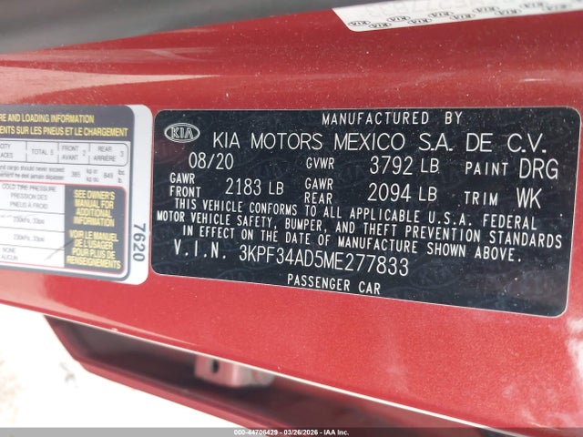44706429 :رقم المزاد ، 3KPF34AD5ME277833 vin ، 2021 Kia Forte Gt-line مزاد بيع